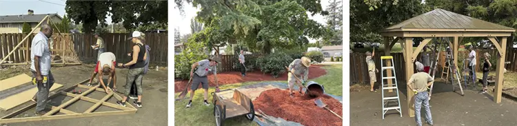 three photos of volunteer group