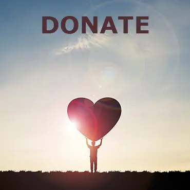 text says donate. a person holding up a large red heart. blue sky background