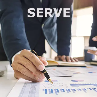 text says serve. a person wearing suit is holding a pen.