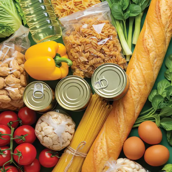 square vegitables, bread, cans, pasta, eggs, oil, etc.